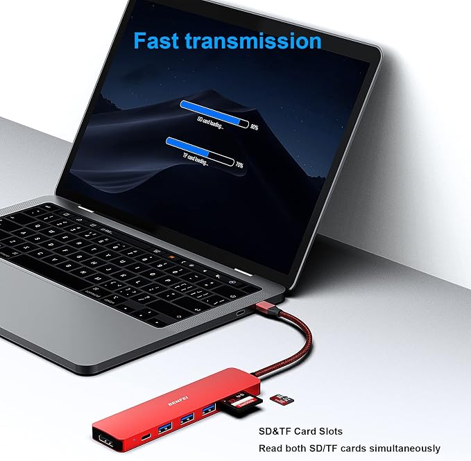 BENFEI USB C HUB 7-in-1, USB-C HUB Multiport Adapter with HDMI (4K @ 60Hz Certified)/100W Power Delivery/3*USB 3.0 5Gbps/SD/TF Card Reader (160MB/s) for iPhone 15 Pro/Max MacBook iPad Pro iMac S23