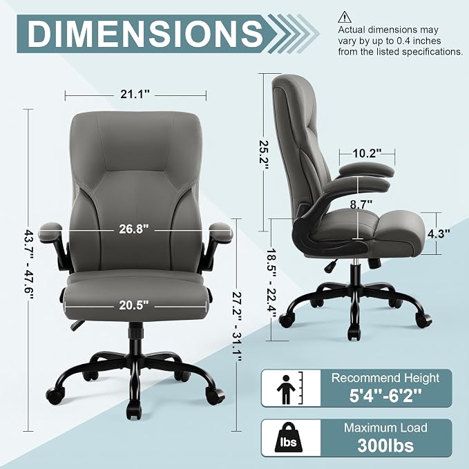 Executive Office Chair,High Back Ergonomic Comfy Desk Chair with Padded Flip-up Armrests and Wheels,PU Leather Heavy Duty Computer Swivel Rolling Task Chair for Home Office,Adults,Gray