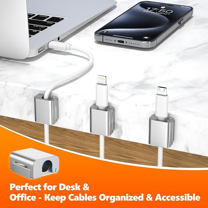AGVEE 8 Pack Cord Organizer Clips Cable Management Holder, Aluminum | 10mm Ultra-Thin, 6X Powerful Magnetic Closure Snap Keeper for Home Desk Office Gadgets Accessories, Residue-Free Tape