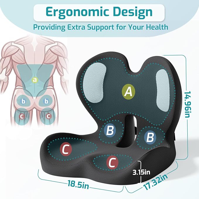 Ergonomic Seat Cushion, Office Chair Cushion with Lumbar Support Pillow, Memory Foam Seat Cushions for Office, Car, Home Chairs,Tailbone,Back Pain & Sciatica Relief,Improves Posture