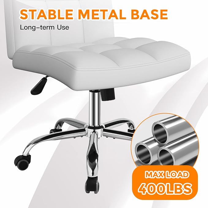 White Office Chair with Wheels - 360° Swivel Armless Back Support，Comfortable Pu Adjustable Rolling Desk Chairs for Office，Home，Vanity，Bedroom，Big Space(Widened White)