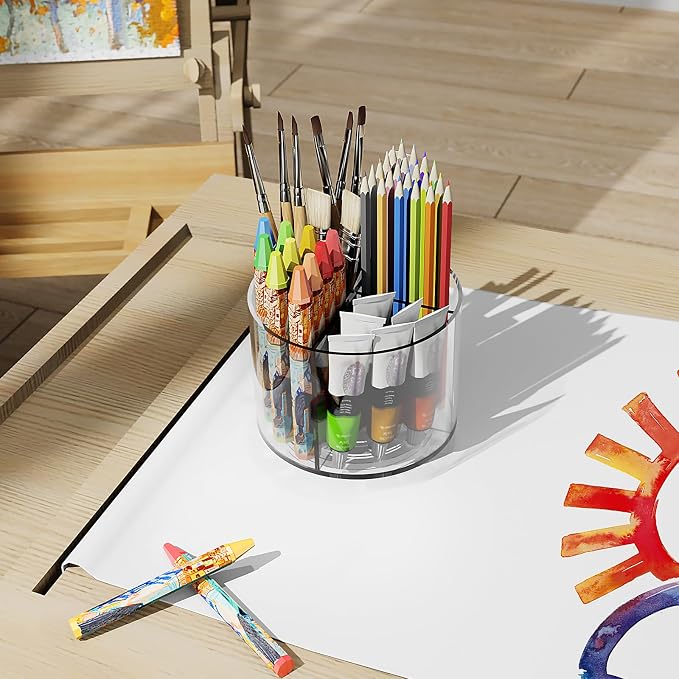 Mefirt Acrylic Pen Holder, 360 Degree Marker Organizer for Desk, Rotating Desk Storage With 4 Compartments, Art Supply Crayon Holder for Office School Home, Clear