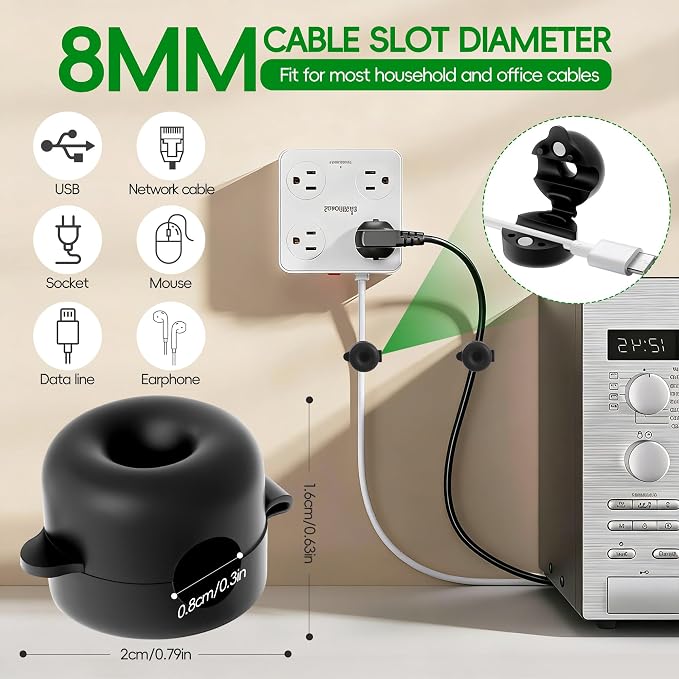 8-Pack Magnetic Cable Management Clips for Home Office Desk, Cord Organizer | reusable, strong adhesive, silicone wire staples keeper, stick-on wire holder clamps, work on wall, nightstand, car dashboard