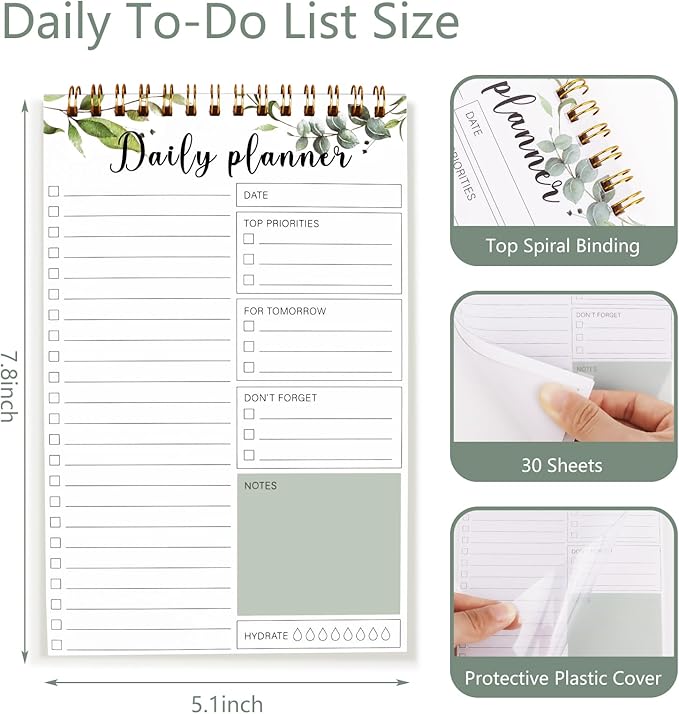 To Do List Notepad, 5.1x7.8 Inch Undated Daily Planner Spiral Notebook, 30 Sheets Multiple Functional Checklist Notepads for Office, School and Home (Green)