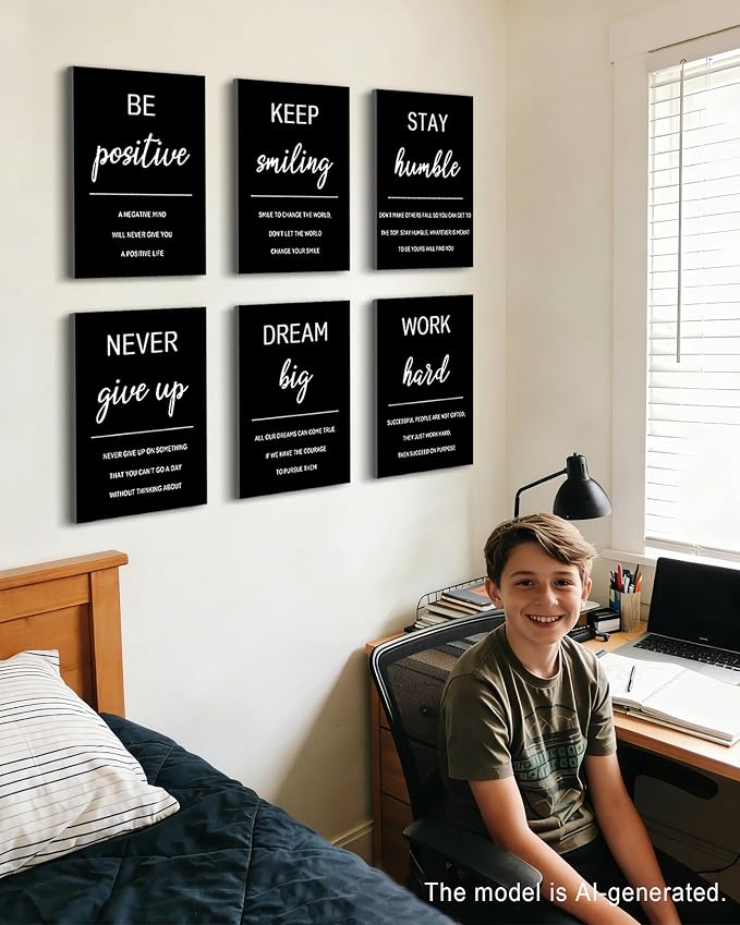 KUVIOKE Inspirational Framed Wall Art Motivational Quotes Wall Decor Encouraging Office Posters Positive Affirmations Sayings for Classroom Bedroom Living Room Ready to Hang Set of 6, 12x16in (Framed)