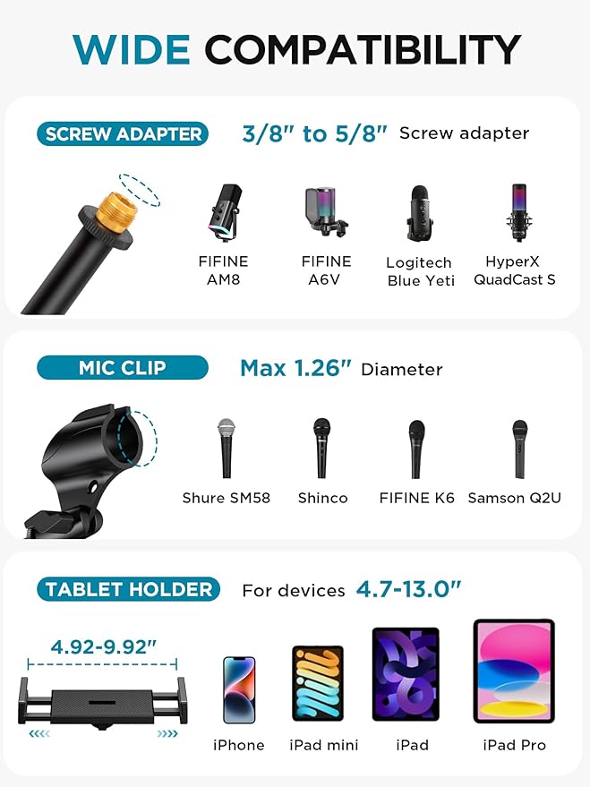 InnoGear Mic Stand, 6 in 1 Microphone Stand Floor with Tablet Phone Holder Height Adjustable from 30" to 72" Mic Stand Tripod Boom Arm with Gooseneck Carrying Bag for Singing Karaoke Stage