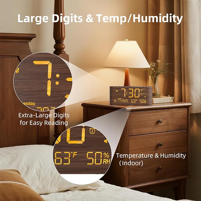 Raynic Digital Alarm Clock, 8.7" Large LED Display, Dual Alarms for Bedroom | USB & Type-C Charging Ports, Temperature & Humidity Display, 5-level Dimmer & Volume, Dark Wood Grain Finish for Home Office
