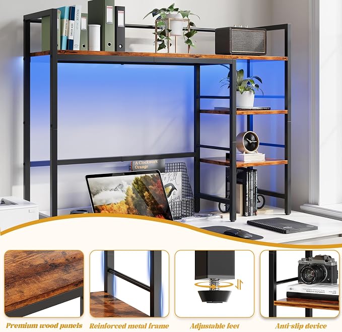 HavenlyYouth Desk Shelf with LED Light Strip, 3-Tier Storage Desktop Organizer Shelf, 38.6" Wood Desktop Bookshelf for Computer Monitor, Desk Hutch for Home Office Dorm, Rustic