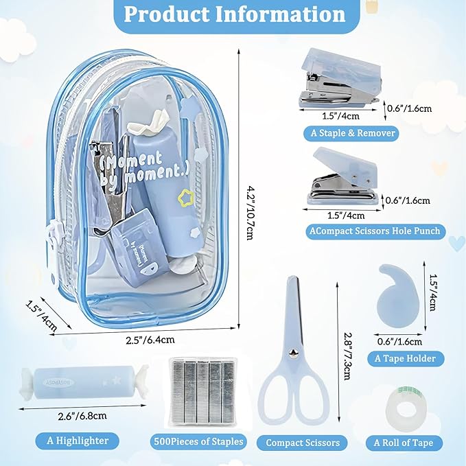 7pcs Mini Stationary Kit with Compact Scissors Hole Punch Portable Stapler Mini School Supplies Kit Blue Stapler and Tape Dispenser Set for Students Christmas Gifts (Blue)
