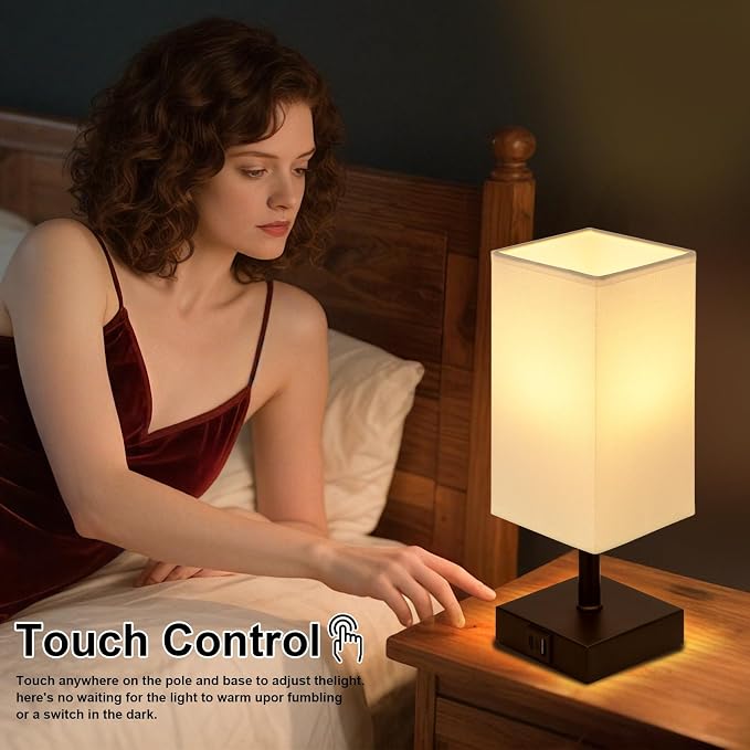 Ambimall Touch Control Table Lamp with USB A+C Charging Ports - 3 Way Touch Lamps Bedside, Nightstand Lamp for Bedrooms, LED Bulb Included(White Shade & Black Base)