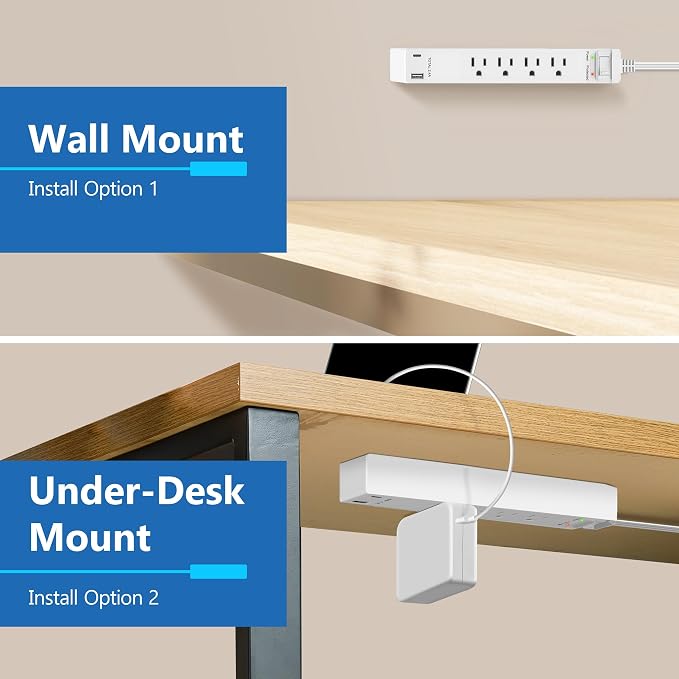 LIDER Surge Protected Outlet Extender, 4-Outlet Power Strip, 1 USB-A & 1 USB-C, Surge Protector 1500J, Ultra-Thin Wall Plate Plug with Cord Extender, 5ft Cord, 1625W, ETL Listed, Matte White