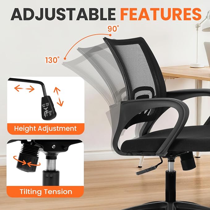 NEO CHAIR Office Computer Chair Mid Back Desk Ergonomic Mesh Gaming Seat Comfy Lumbar Support Rolling Wheels Adjustable Height Swivel for Home Task (All Black)