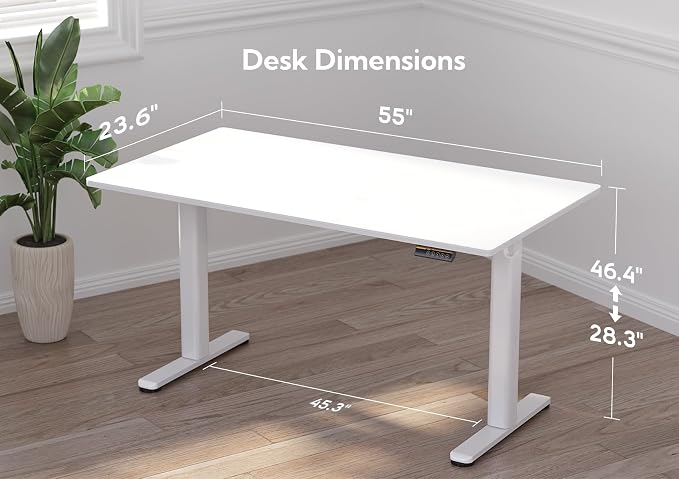 Claiks 55x24 Inch Super White Glass Standing Desk | Adjustable Height, Tempered Glass Top, Stand Up, Quick Install, 3 Memory Presets