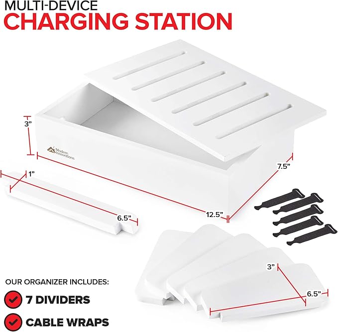Modern Innovations Bamboo Charging Station for Multiple Devices (White) Wood Device Organizer, Desk Docking Stand for Cell-Phone Charger, Compatible with Apple, Android, iPad, iPhone, Tablet, Laptop