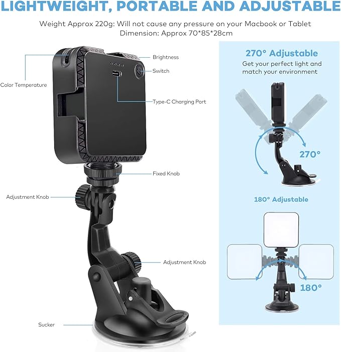 Video Conference Lighting Kit for Remote Working, Lighting for Video Conferencing, Zoom Calls, Broadcast, Live Streaming，Adjustable Video Light with 2020 Upgrade Suction Cup (Black)