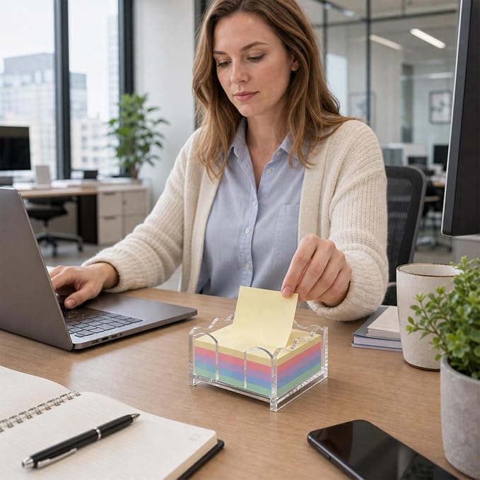 Scalloped Acrylic Sticky Note Holder - 1pc Clear Cute Notepad Holder, 3x3 Inch Wave Design Post It Dispenser Desk Organizer for Office & Classroom