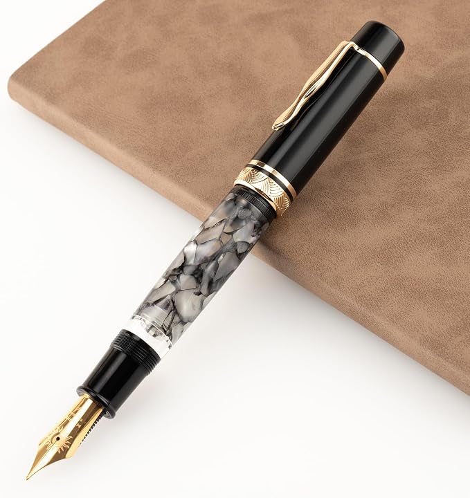 erofa Majohn P139 Piston Fountain Pen No.8 Medium Nib with Box, Gray Marble Acrylic Large Capacity Writing Pen