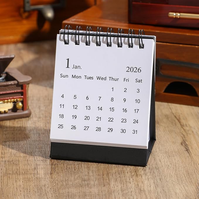 Mini Desk Calendar 2026-2027- Small Desktop Calendar January 2026 to June 2027 Mini Daily Schedule Thick Paper Twin-Wire Binding with Stickers for Home Office School (Black-white)