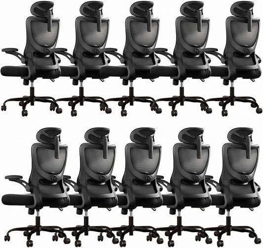 Marsail Ergonomic Office Chair with 3D Armrests, Pack of 10 | Office Desk Chair with High Back Mesh, Adjustable Lumbar Support, Rolling Work Swivel Task Chairs with Wheel, Headrest, home