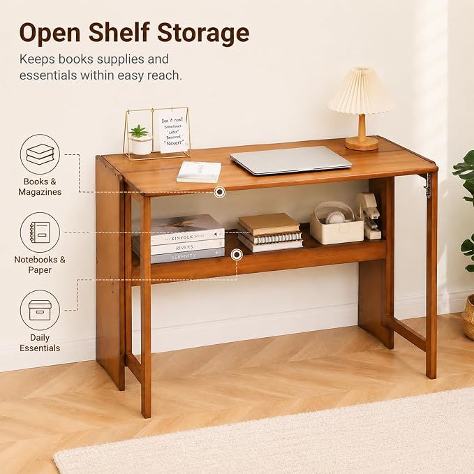 Bamboo Folding Desk, Foldable Computer Desk with Bookshelf, Space Saving Small Desk for Bedroom Home Office, Compact Writing Desk for Small Spaces