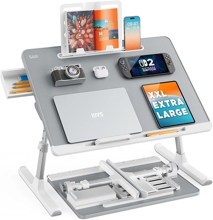 Laptop tray, SAIJI 60*45cm Table lap for bed, Multi-purpose Premium Lapdesk, Height Angle adjustable, with Book Stand, Drawer, Tablet slot, for Eating, Working, Writing, Gaming, Drawing (Light Grey)