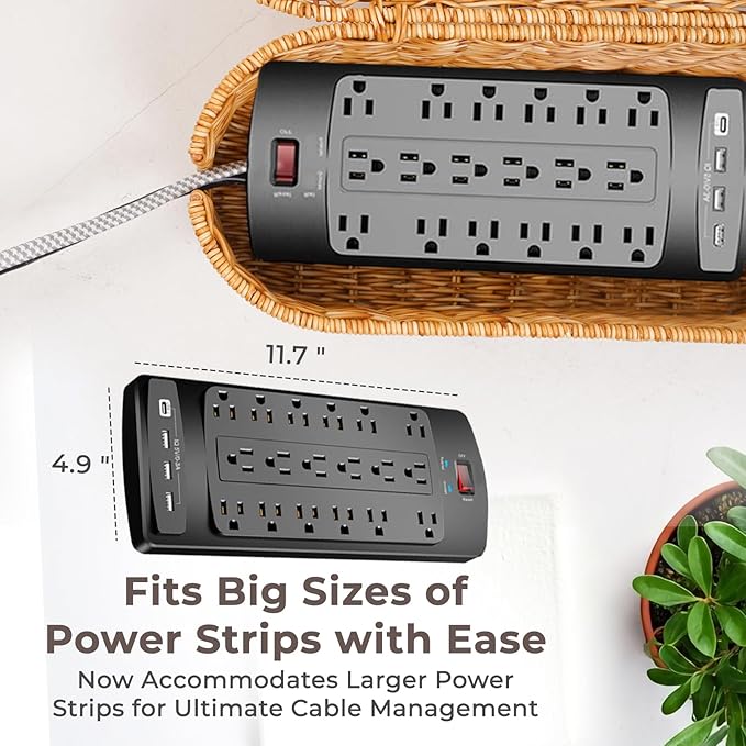 Cable Management Box, Handmade Rattan Cable Organizer, 2 Open Slots Cords Hider Box, Under Desk Cord Organizer for Computer Router USB Hub & Power Strip, 15.9" x 6.5" x 6.5", Natural