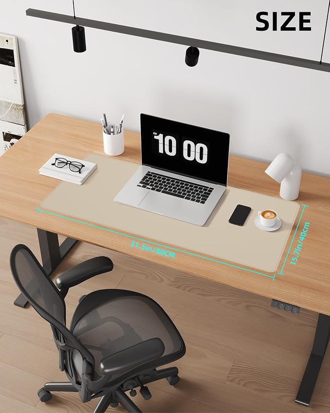Dual-Sided Leather Desk Pad Protector- Non-Slip PU Desk Mat, Small Waterproof Office Blotter for Keyboard & Mouse | Desktop Mat | Home Office Accessories (31.5"x15.7",Beige Grey)