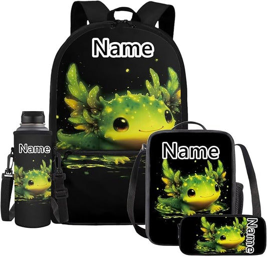 WELLFLYHOM Custom Axolotl 17 Inch School Backpack for Kids 5-6 Girls Kawaii Personalized Book Bag with Lunch Box Pencil Case Water Bottle Case Back to School Supplies