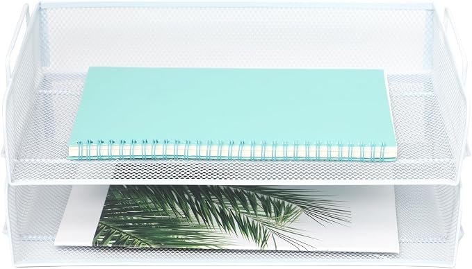 2 Pack Stackable Desk Paper Tray, Metal Mesh Desktop Document Letter File Organizer for Office Home School, 13.5'' L x 9.75'' W x 5.5'' H, White