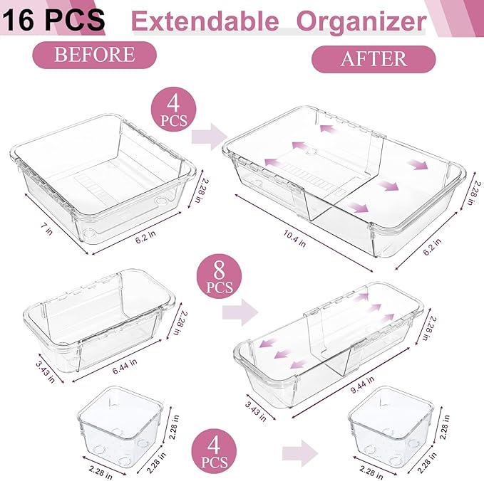 16 Pcs Upgraded Extendable Clear Drawer Organizer, Adjustable Vanity Storage Box, 3-Size Desk Drawer Organizer, Durable Storage Bins for Makeup, Cosmetic, Bedroom Dressers Tool Organizer for Gadgets