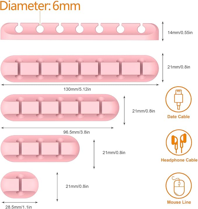 Cord Holder Cable Organizer Clips Cord Organizer for Desk, Nightstands | Self Adhesive, Office, Car, Pink Silicone Cord Keeper, Cable Management, Wire Holders for phone charger Cords