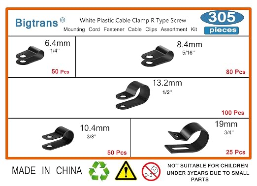 Bigtrans 305 Pcs Nylon Plastic R-Type Wire Clips 1/4" 5/16" 3/8" 1/2" 3/4" Clamps Fasteners Assortment for Cable Conduit -5 Size -Black
