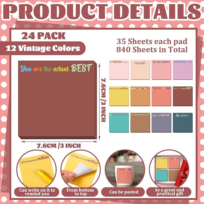 Yinder 24 Pcs Inspirational Sticky Notes Thank You Gift Motivational Sticky Note Pad Employee Appreciation Gift Bulk for Staff Coworker Teacher Nurse Office Groups 3 x 3'' (Thank You,Vintage Style)