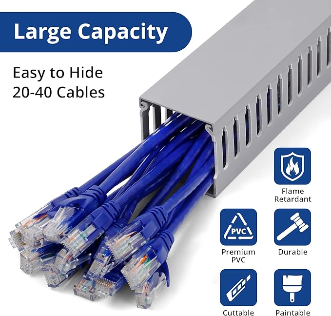 ZhiYo 2"H x 2"W Cable Raceway, 6ft Under Desk Wire Management Channel, Grey | Slotted Wire Duct, 2 Pack (3 ft Each), Heavy-Duty PVC Cable Management for Server Racks, Network Cables & Electrical Cabinets