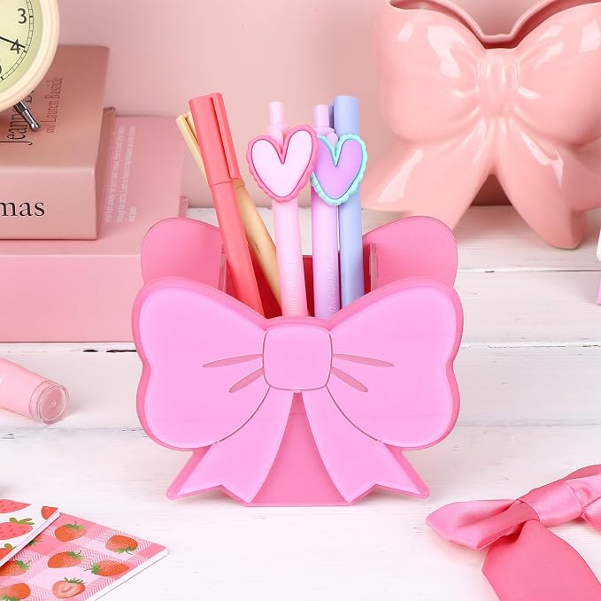 2 Sets Pink Pen Holder Pink Bow Pencil Holder Cute Desktop Pen Cup Makeup Brush Container Coquette Pinks Bow Desk Organizer-Assemble Acrylic Pen Holders Creative Stationery Storage Back to School Gift