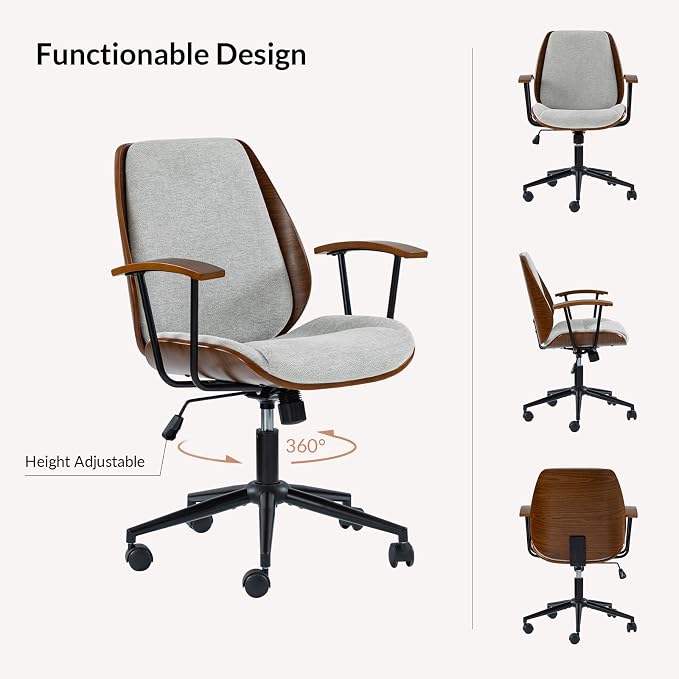 Modern Ergonomic Office Chair with Wood Frame & Metal Base, Swivel Home Office Desk Chairs with Adjustable Height, Comfy Upholstered Computer Chair, Grey