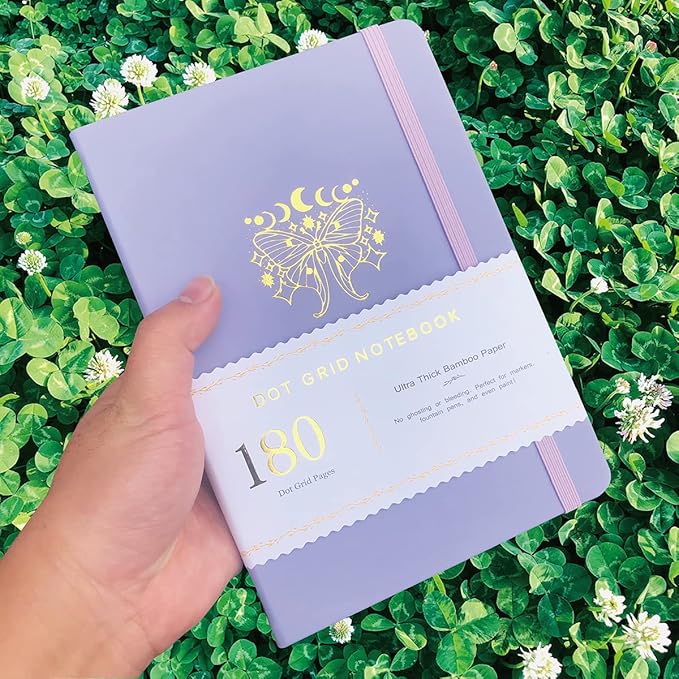 BUKE Dotted Notebook Journal 180GSM Bamboo Thick White Paper 160 Pages 5 * 5MM Dot Grid, Lay Flat Binding,Colored Silver Edges, Bookmarks and Expandable Back Pocket (BKP-5)