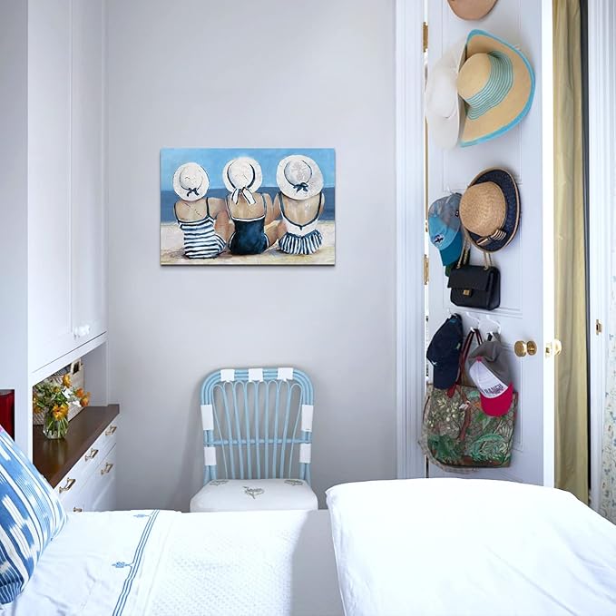 Beach Girls Wall Art Coastal Room Wall Decor Vintage Ocean Landscape Picture Nautical Bathroom Canvas Prints 16x24”, Seascape Poster Retro Swimsuit Girl Painting Artwork Modern Bedroom Decoration