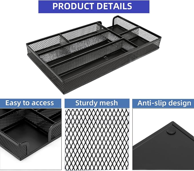 Desk Drawer Organizer, Small Metal Mesh Desk Organizer Tray | Pen Pencil Drawer Organizer for Office Supplies, Desktop, Makeup, Vanity, 1PC