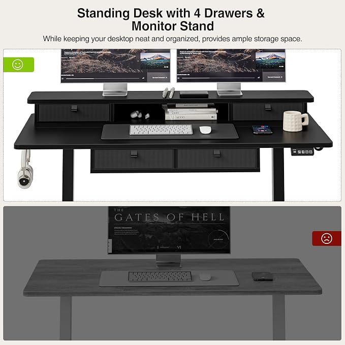 Grandder Electric Standing Desk with Four Drawers, Sit to Stand Up Height Adjustable Desk with Storage Shelf for Home Office, 47 * 28 Inch, Study, Ergonomic Adjustable Computer Desk, Black