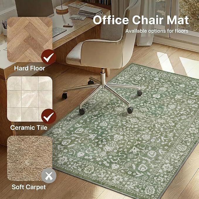 48"x60" Office Chair Mat for Hardwood Tile Floor, Under Desk Carpet Protector for Rolling Computer Chair Mat, Machine Washable Area Rug, Anti-Slip 1/5" Thick Low Pile Thin Vinyl Floor Mat, Sage