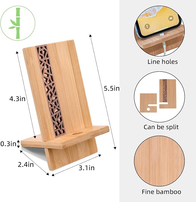 Mobile Stand Japanese Style Cellphone Holder Desktop Organizer Charging Station Compatible with All Smartphones Tablets Natural Bamboo Wood Portable Adjustable Angle (Pattern-Hole)