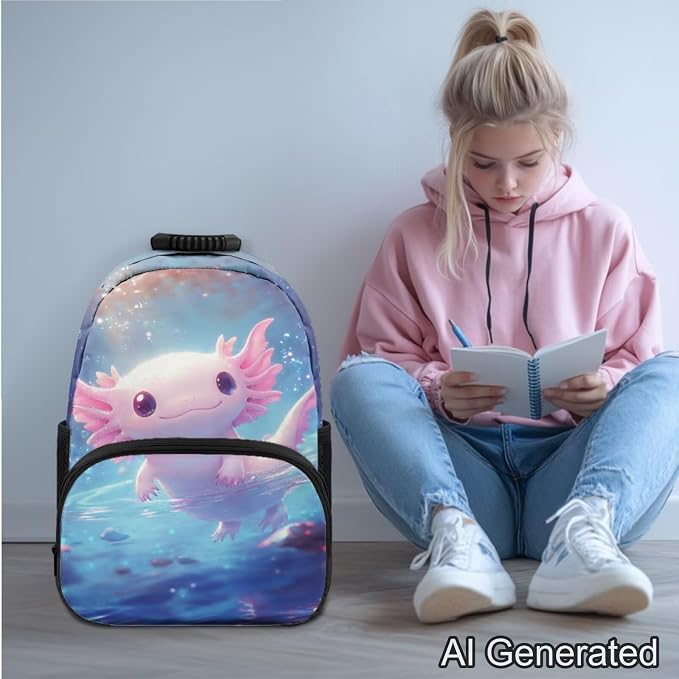 Ystardream Water Axolotl Backpack for Girls 8-12 Kids School Backpack with Lunch Bag,Pencil Bag,Water Bottle Sleeve,Large Laptop Bookbag with Multiple Pockets for Boys and Girls Daily Use