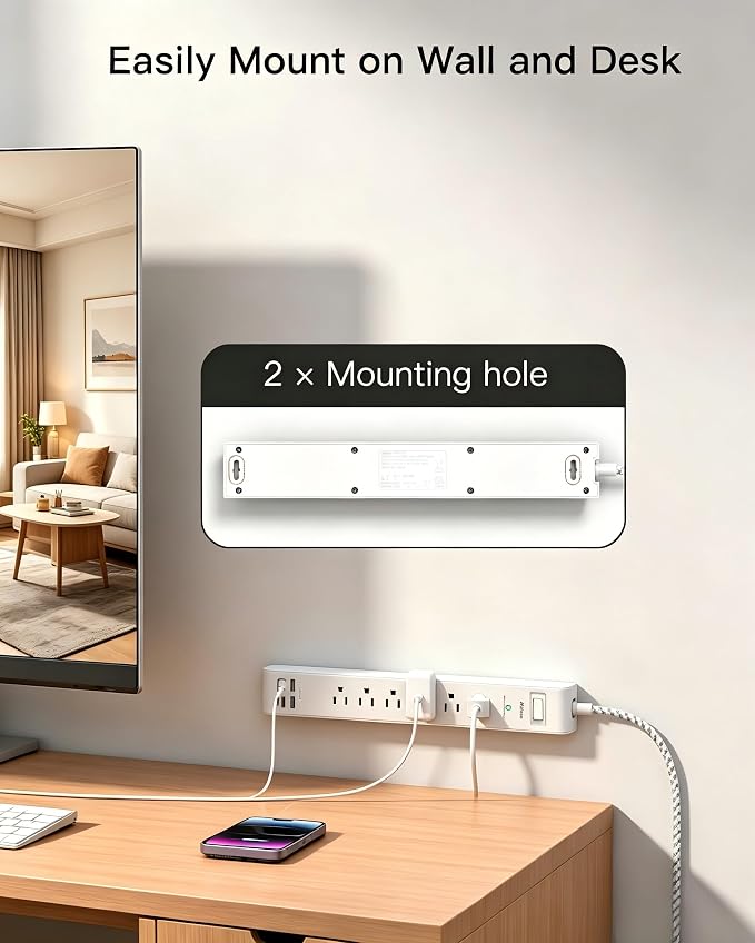 Surge Protector Power Strip 5FT, 10-in-1 with 6 AC Outlets 4 USB Ports(2 USB-C), Ultra Flat Plug Braided Extension Cord, Wall Mountable, 1080J Surge Protection, ETL Listed, White