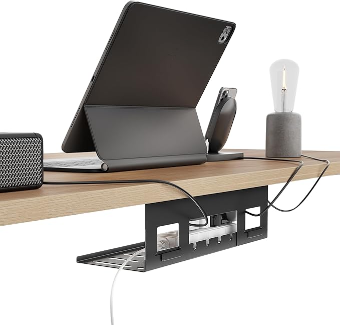 Under Desk Cable Management Tray, 15.7'' Screw-Mount Steel Rack | Metal Cord Organizer for Power Strips, Chargers, Reversible Installation, Effortless Wire Management for Home Office, Black