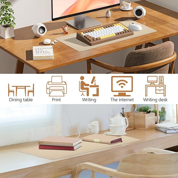 Leather Desk Pad, Desk Matt for Desktop, Non-Slip Keyboard and Mouse Pad, Waterproof Computer Desk Protector Mat, Beige Desk Accessories for Women, 23.6"x13.7"