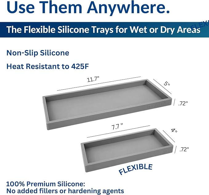 Countertop & Vanity Silicone Tray – 2 PC (11.7" & 7.7") Set | Bathroom Tray & Kitchen Soap Tray Set, Bathroom Counter Tray, Kitchen Sink Dish Soap Tray for Countertop Organization