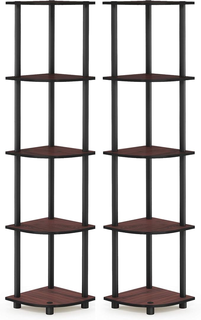 Furinno TURN-N-TUBE Corner Shelf Set of 2, 5-Tier Corner Bookshelf, Open Storage Shelves, for Organization and Storage, Living Room, Home Office, Garage, Dark Cherry