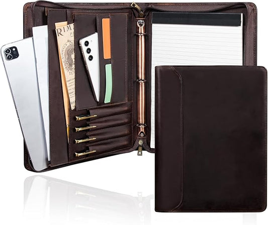 AZXCG Genuine Leather Portfolio Binder for Men& Women,Portfolio Organizer with Zipper,Leather 3 Ring Binder for iPad Pro 12.9,Business Portfolio for Men,Gift for Father's Day