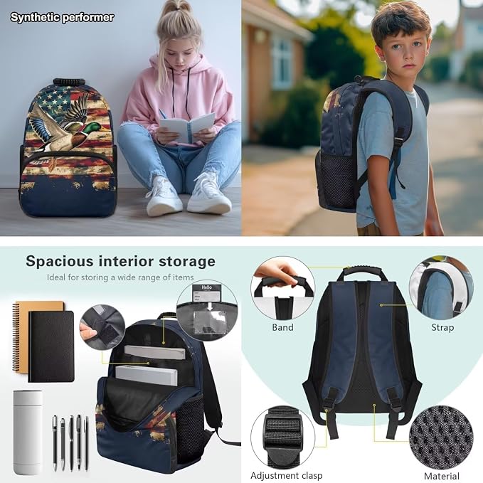 Duck Hunting Camo School Backpack for Boys Girls, American Flag Bookbag Set with Lunch Bag, Pencil Case & Bottle Holder, 4PCS 17 Inch Elementary Backpack for Kids Ages 6-8
